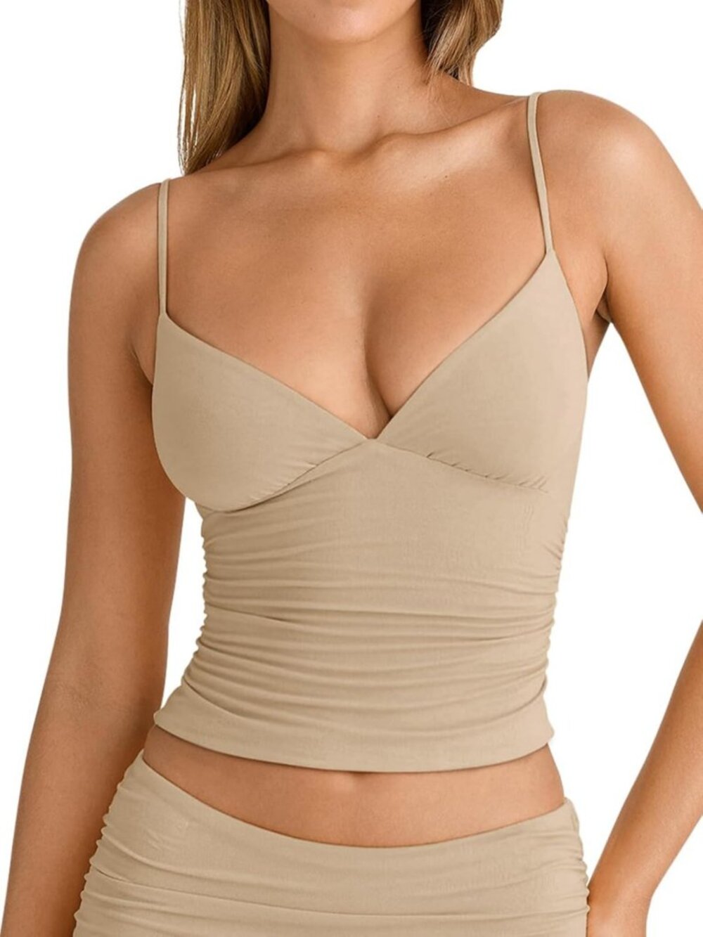 Sexy V Neck Ruched Cami Top - Sleeveless Spaghetti Double Layer Fitted Crop Tank